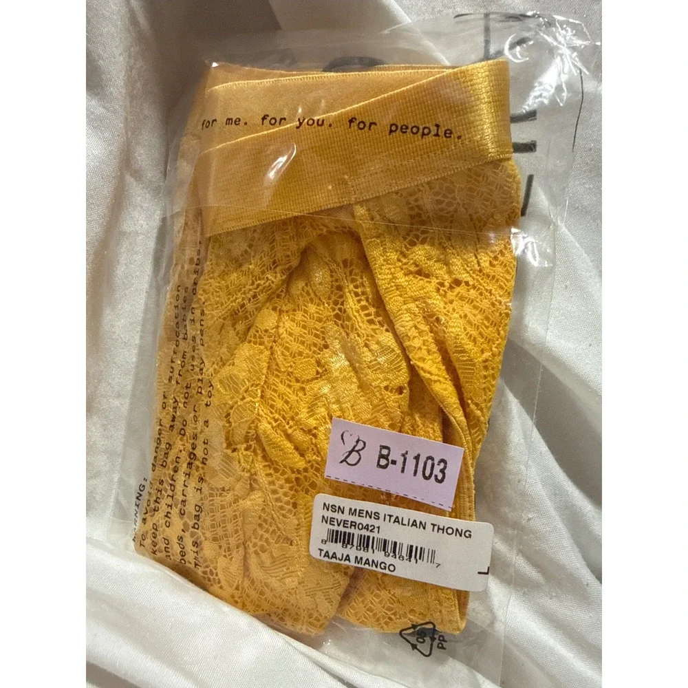 Cosabella Men's Lace Thong Brief Taaja  Mango Yellow Luxury Italian Lace Size L‎